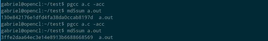 Compiling with -acc twice: different md5 sums