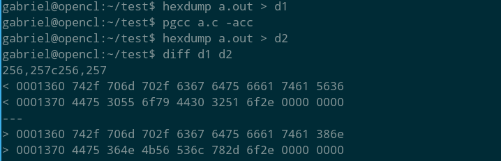 hexdump both executables and diff